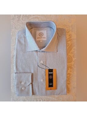 100% Cotton Grey Striped Formal Button Down Shirt, 41, 16", Large, Snover, NWT